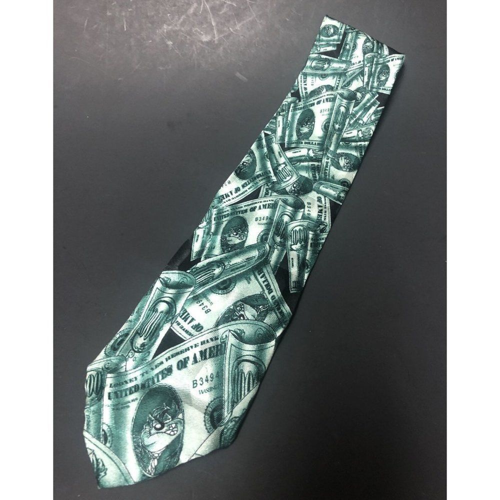 Neck Tie Looney Tunes Mania Money Black And Green W/ Taz Dollars 58” Silk